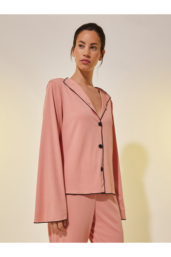 Styli Ribbed Contrast Trim Long Sleeve Shirt and Pyjama Set