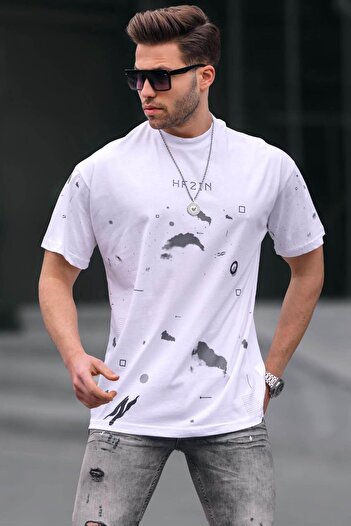 Madmext Crew Neck Regular Fit White Patterned Men's T-Shirt 6115