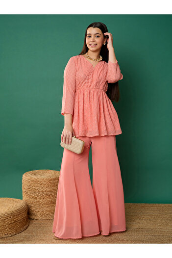 NOH-VOH By Styli Embellished Wrap Look Peplum Top and Palazzo Pants Set