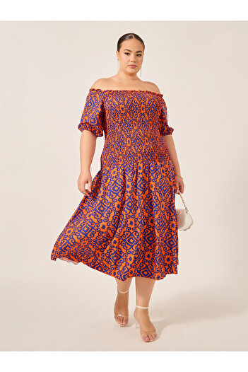 Styli Plus Size All-Over Printed Smocked A-Line Midi Dress