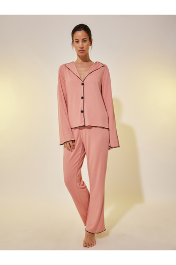 Styli Ribbed Contrast Trim Long Sleeve Shirt and Pyjama Set
