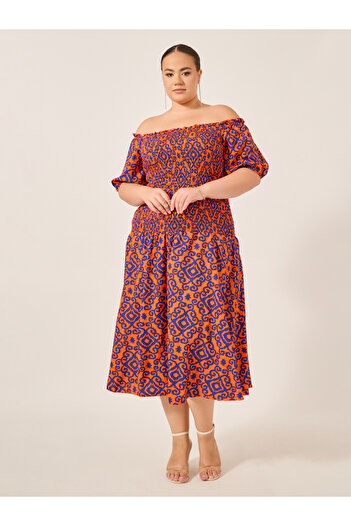 Styli Plus Size All-Over Printed Smocked A-Line Midi Dress