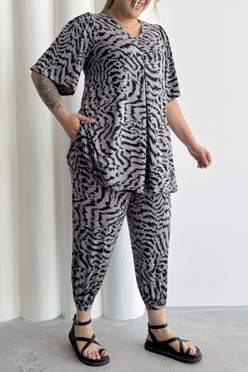 Stil Diva Large Size Patterned Baggy Trousers with Elastic Waist and Legs with Pockets 99-3