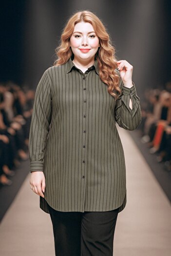 Zerenyus Women's Khaki Striped Shirt Tunic
