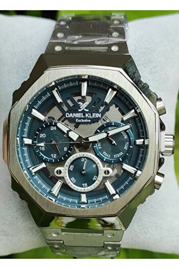 Daniel Klein Men's Silver Multi Function Metal Cord Wrist Watch - Blue Chronograph Dial with Calendar