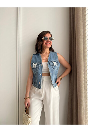 My Blog Vestă din denim cu fundă albastră - 6518