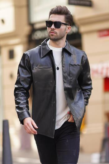 Madmext Faux Leather Shirt Collar Jacket - Black, Pocket Detailed, Buttoned 7218