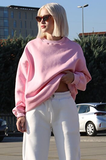 Madmext Pembe Bisiklet Yaka Basic Sweatshirt MG1559