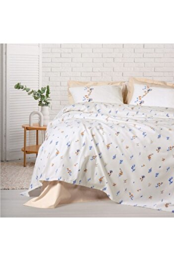 Cotton Box Bedspread with bed sheet and pillowcases, made of cotton with beige flowers, Feliz Somon