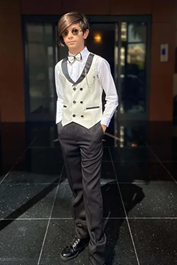 Riccotarz Boy's Shawl Collar Button Detailed White Cepken Vest Gabardine Shirt Suit