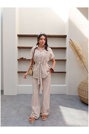 ESRAHELVACI Belted Linen Suit with Front Pocket