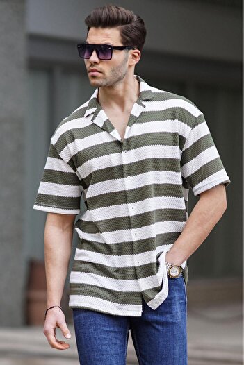 Madmext Khaki Striped Short Sleeve Men's Shirt 6730