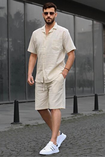 Madmext Men's Beige Basic Oversize Shirt Set 5588
