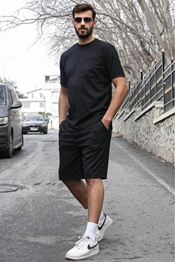 Madmext Black Basic Men's Shorts Set with Pocket Detail 5914