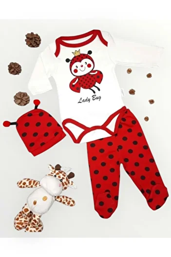 wakawakakidsstore Beetle Themed 3-Piece Baby Set - Bodysuit, Booties, Bottom Hat - Red - 3-Months