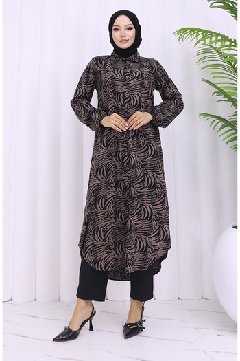 sefamerve Viscose Fabric Buttoned Long Tunic 2027-02 Black Mink