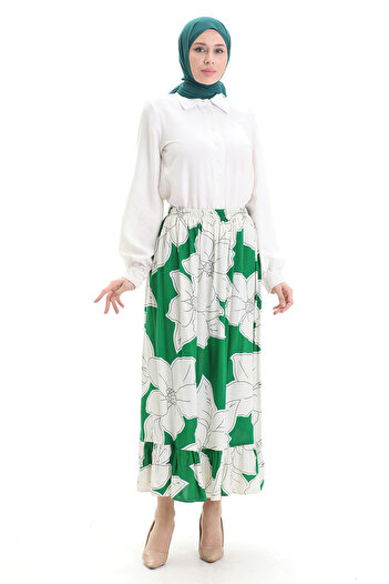 sefamerve Viscose Fabric Elastic Waist Ruffle Skirt 2012E-04 Emerald Green