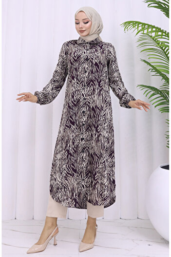 sefamerve Viscose Fabric Buttoned Long Tunic 2027-04 Plum Beige