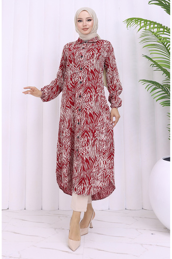 sefamerve Viscose Fabric Buttoned Long Tunic 2027-01 Burgundy Beige