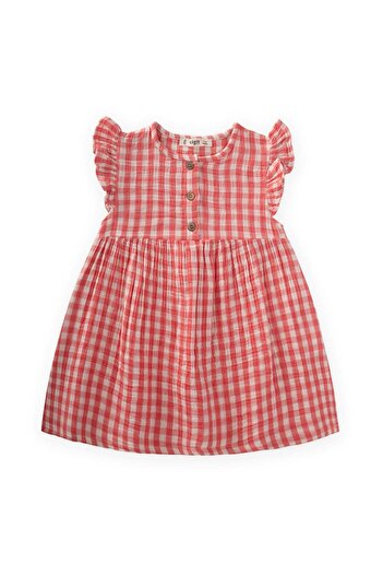 Cigit Pöti Square Patterned Dress 1-8 Years Coral