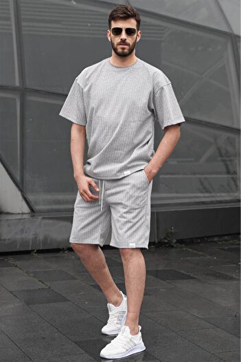 Madmext Gray Striped Men's Shorts Set 6396