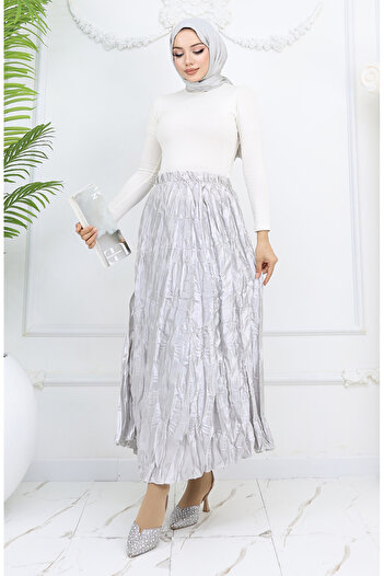 sefamerve Elastic Waist Satin Skirt 0048-06 Light Gray