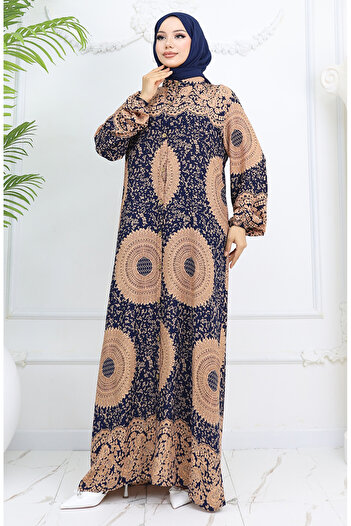 sefamerve Viscose Fabric Buttoned Patterned Dress 0047-08 Navy Blue Milk Coffee