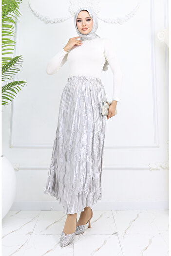 sefamerve Elastic Waist Satin Skirt 0048-06 Light Gray