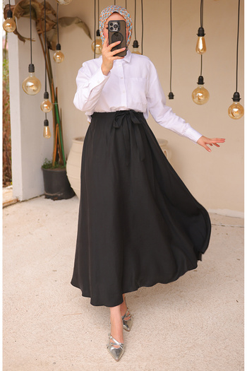 sefamerve Elastic Waist Belted Skirt 71266-01 Black
