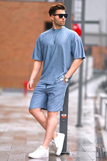 Madmext Blue Crew Neck Men's Shorts Set 5949