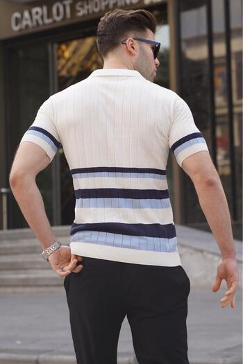 Madmext Gestreiftes Strick-T-Shirt mit Polokragen in Weiß 6356
