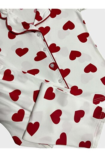 tusem butik homewear Girl's 100% Cotton White Heart Patterned Shirt Collar Buttoned Short Sleeve Pajama Set