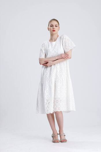 auzou eveil Women's Festoon Detailed Woven Cotton Fabric White Dress