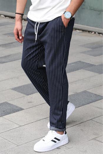 Madmext Tmavě modré pruhované pánské tepláky Regular Fit 6511