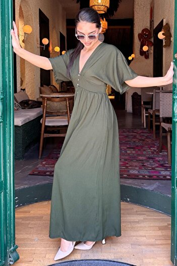 Madmext Khaki V-Neck Buttoned Dress Mg2339