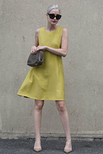 Madmext Mustard Zero Sleeve Loose Linen Dress MG1831