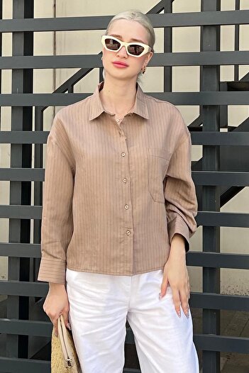 Madmext Oversize Camel Striped Women's Shirt - MG2093
