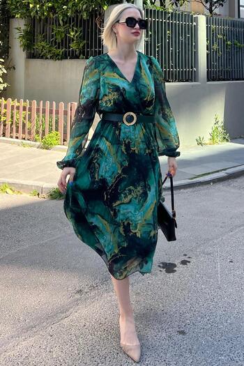 Madmext Khaki Double Breasted Collar Pattern Chiffon Dress MG2065