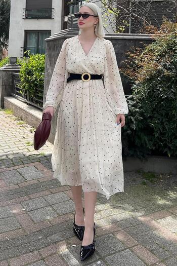 Madmext Cream Double Breasted Collar Polka Dot Chiffon Dress MG2065