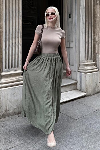 Madmext Green Voile Fabric Basic Women's Long Length Women's Skirt Mg2366