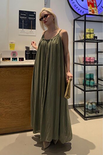 Madmext Green Halter Neck Strap Long Basic Women's Dress Mg2163
