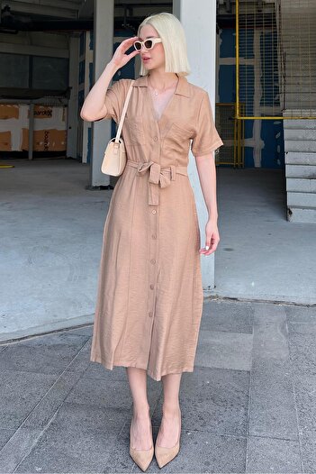 Madmext Pocket Detailed Shirt Collar Long Dress - MG2083