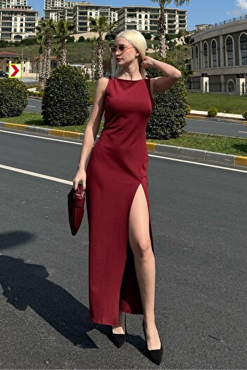 Madmext Burgundy Maxi Length Slit Detailed Women's Dress Mg2367