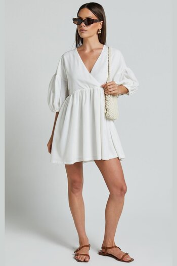 Madmext White Balloon Sleeve Mini Women's Dress MG2023