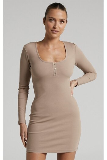 Madmext Beige Long Sleeve Basic Mini Women's Dress Mg1700