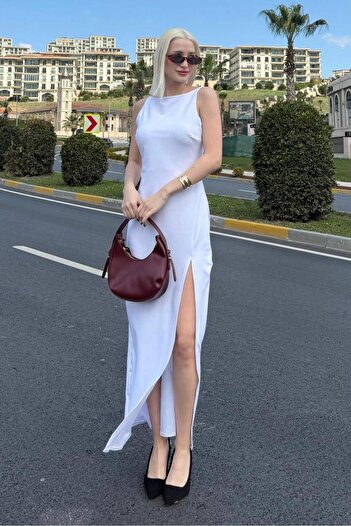 Madmext White Maxi Length Slit Detailed Women's Dress Mg2367