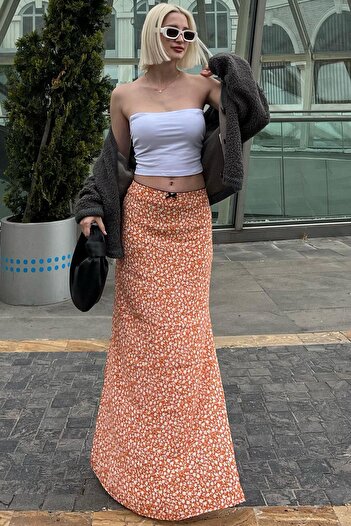 Madmext Mg2082 Model Orange Floral Patterned Slit Midi Skirt