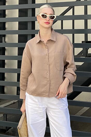Madmext Oversize Camel Striped Women's Shirt - MG2093