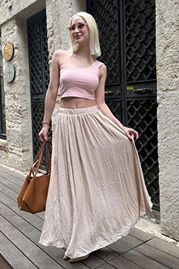 Madmext Beige Voile Fabric Basic Women's Long Length Women's Skirt Mg2366
