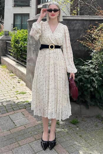 Madmext Cream Double Breasted Collar Polka Dot Chiffon Dress MG2065
